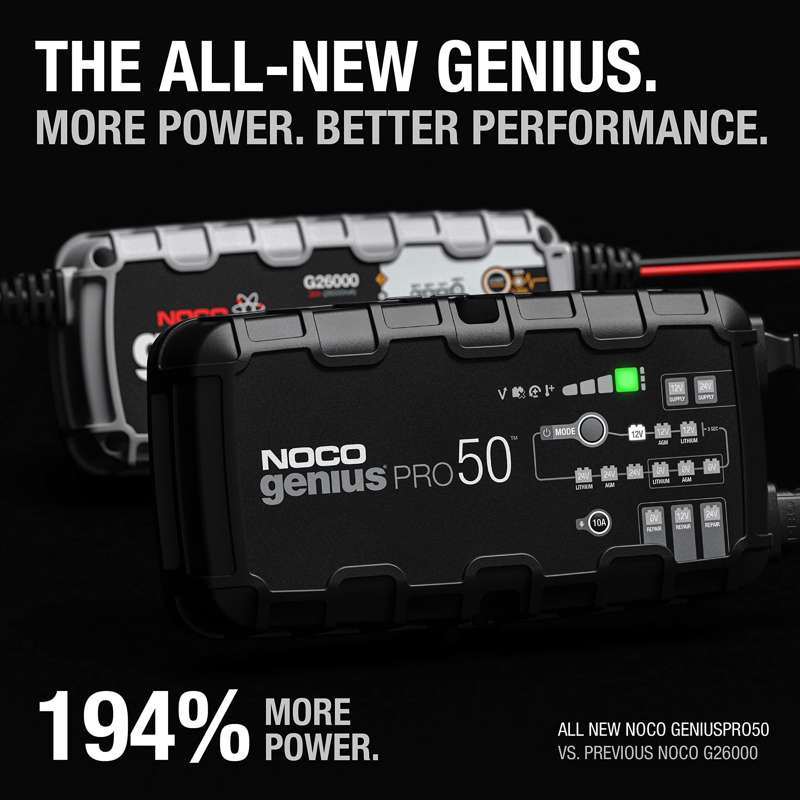 NOCO GENIUSPRO50 50A Smart Car Battery Charger - 6V/12V/24V Portable Automotive Charger, Battery Maintainer & Desulfator for AGM, Lithium, Marine & Deep Cycle Batteries - Perfect for Cars, Boats, RVs & Seasonal Vehicle Storage