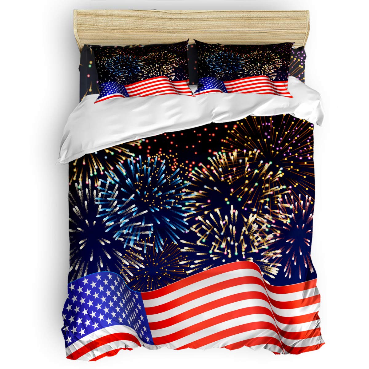 4-Piece Luxury Soft Duvet Cover Set with American Flag & Fireworks Design - Full Size Bedding for Kids & Teens (1 Duvet Cover, 1 Sheet, 2 Pillowcases) - Perfect for Patriotic Bedrooms, 4th of July Decor, and Cozy Sleepovers