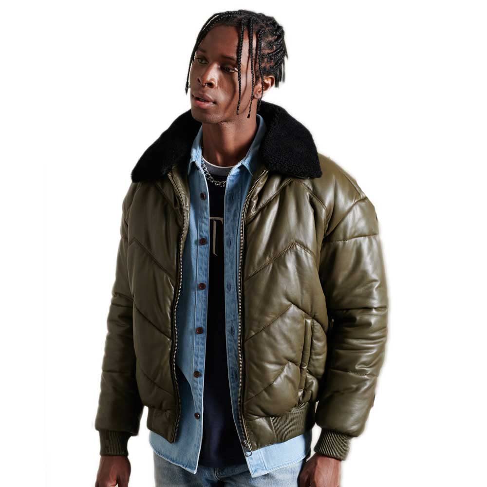 Superdry Men's Heritage Leather Puffer Jacket - Relaxed Fit Winter Coat for Casual Wear & Outdoor Activities