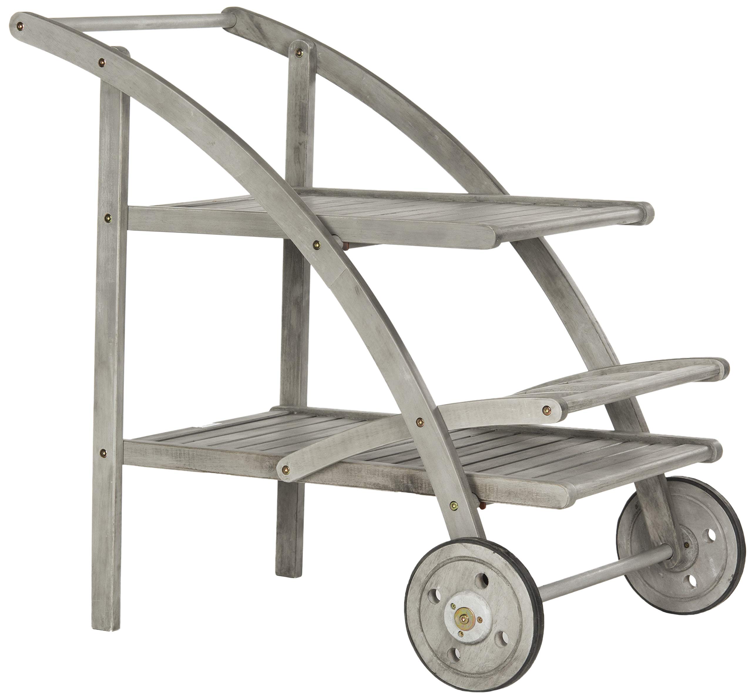 SAFAVIEH Outdoor Collection Lodi Tea Cart - Grey Wash Finish | Rustic Wooden Serving Cart with Wheels | Perfect for Patio, Garden & Indoor Decor