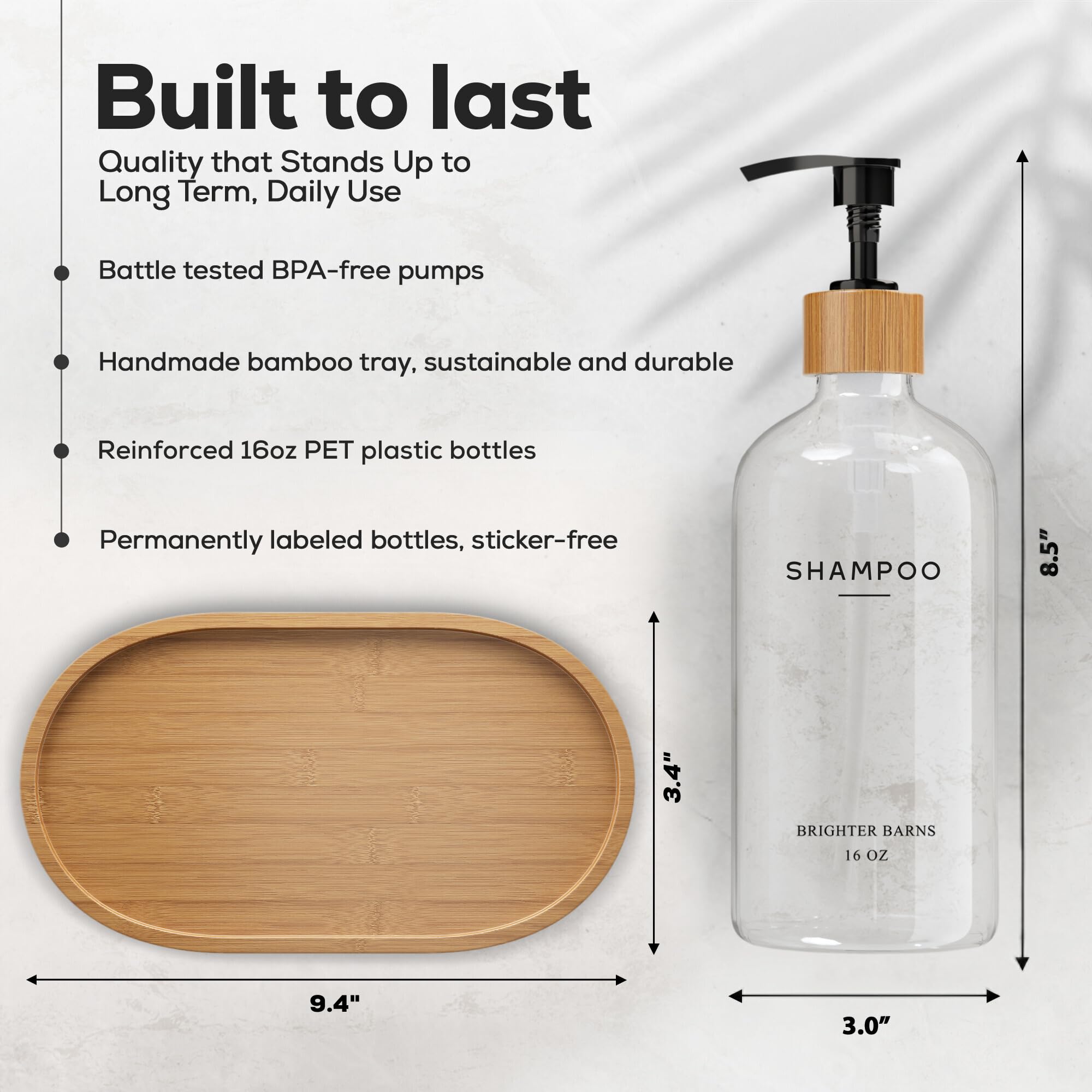 Brighter Barns Clear Shampoo and Conditioner Dispenser Set - Refillable Plastic Shower Bottles with Tray for Bathroom Organization - Modern Hotel Style Bathroom Accessories for Home, Vacation Rental & Spa Use