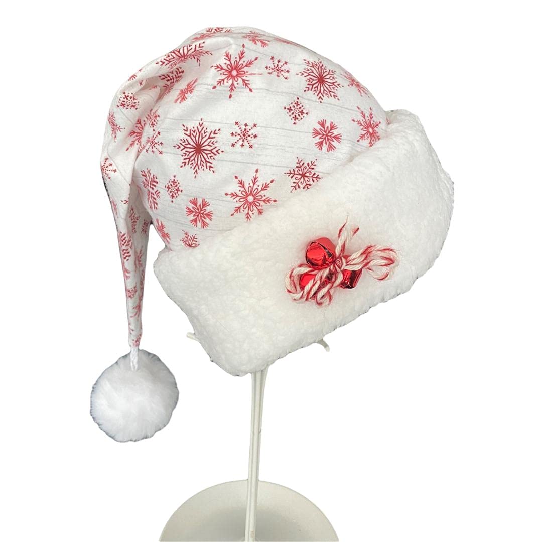 Festive White & Red Snowflake Santa Hat with Jingle Bells - Christmas Costume Accessory for Adults & Teens - Perfect for Holiday Parties, Xmas Photos & Festive Gatherings