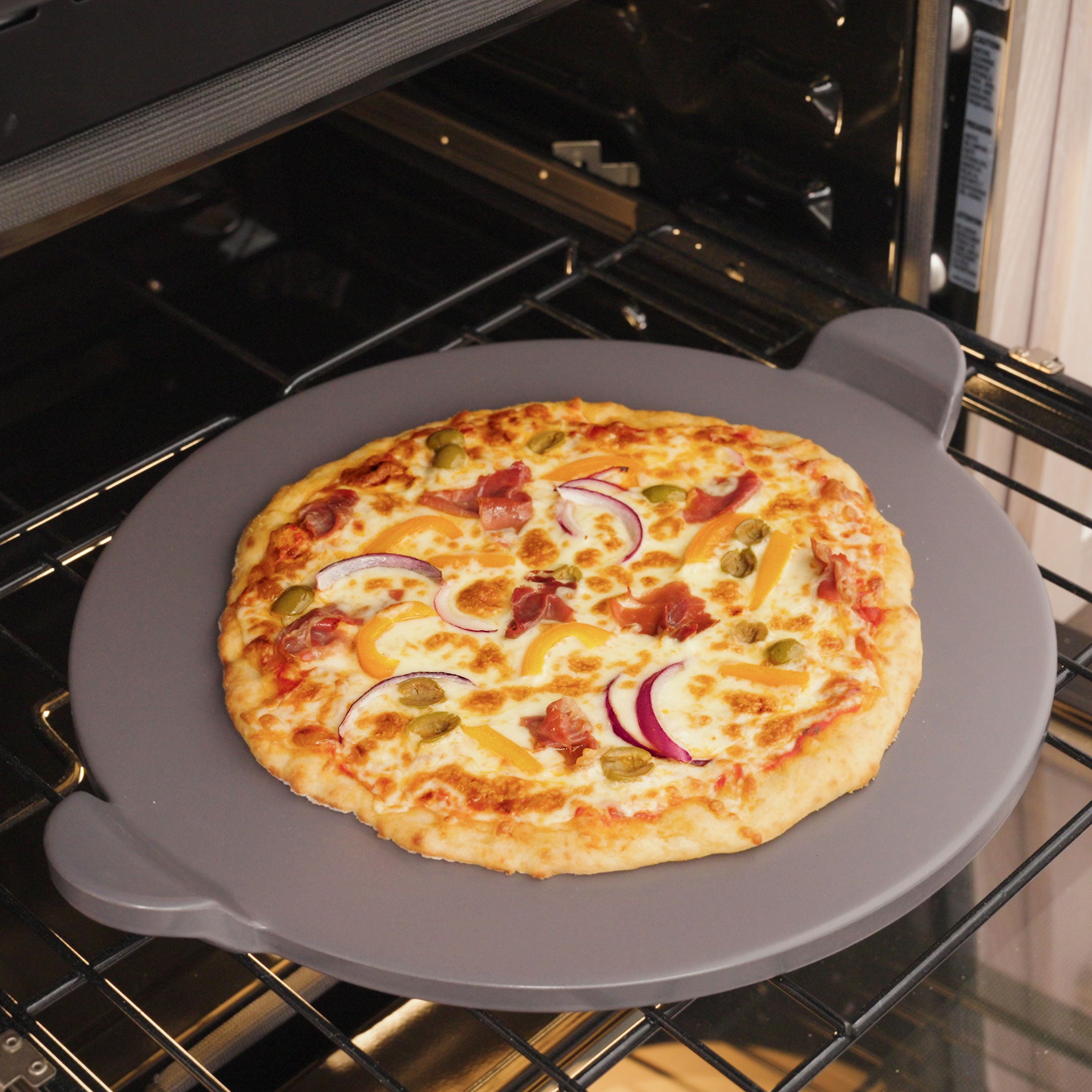 15 Inch Grey Glazed Round Pizza Stone with Handles – Perfect for Baking Crispy Crusts in Ovens & Outdoor Grills