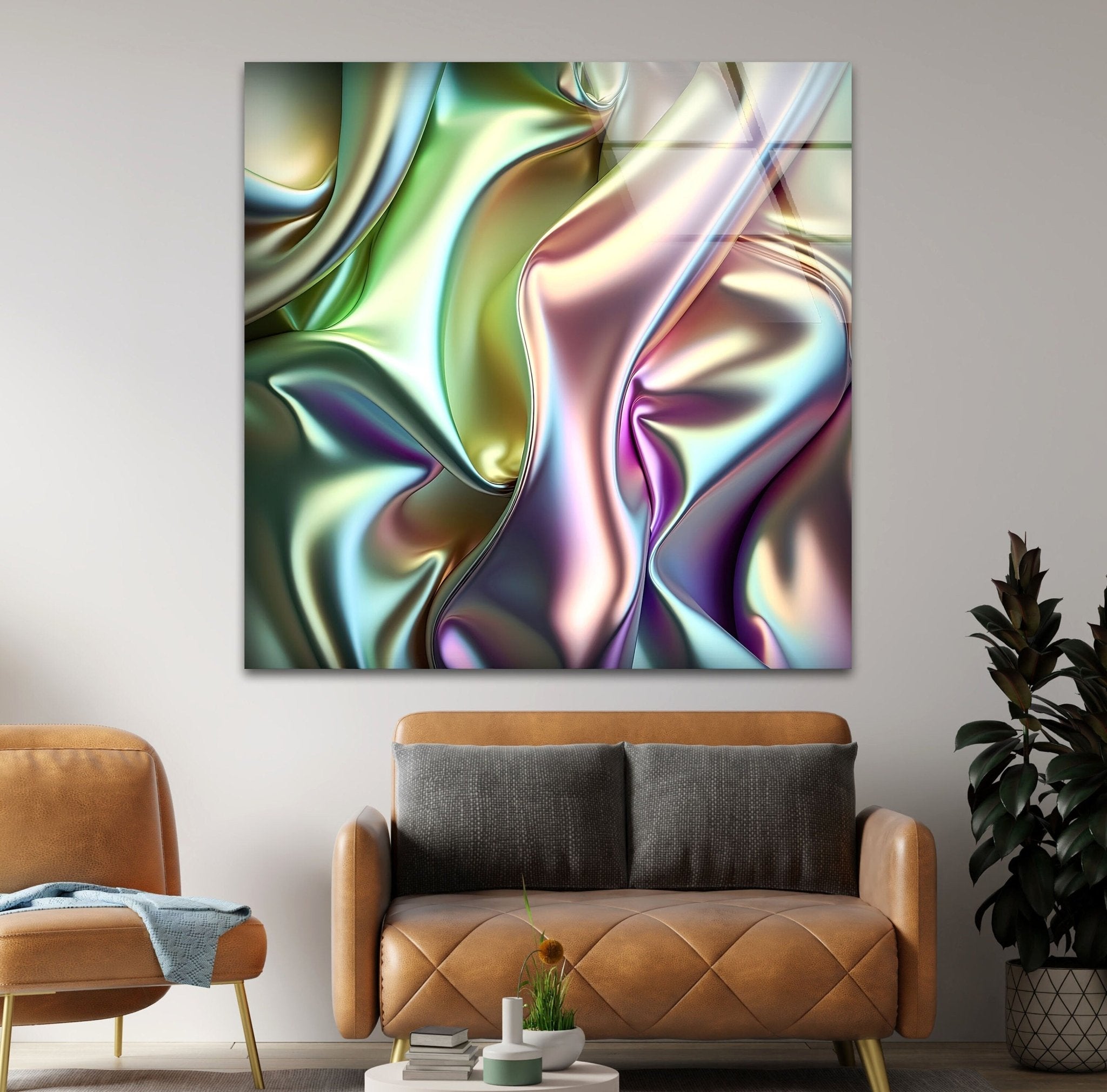 Abstract Iridescent Glass Wall Art - Modern Handmade Home Decor for Living Room, Bedroom & Office - Unique Shimmering Light Reflection Decorative Piece