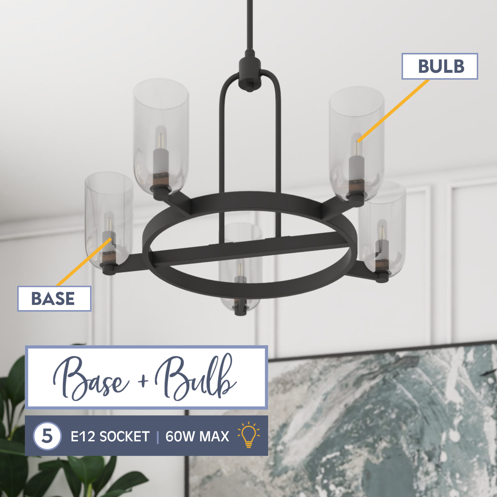 5-Light Hansley Chandelier in Matte Black with Clear Glass Shades - Perfect for Dining Room, Living Room, and Bedroom Lighting
