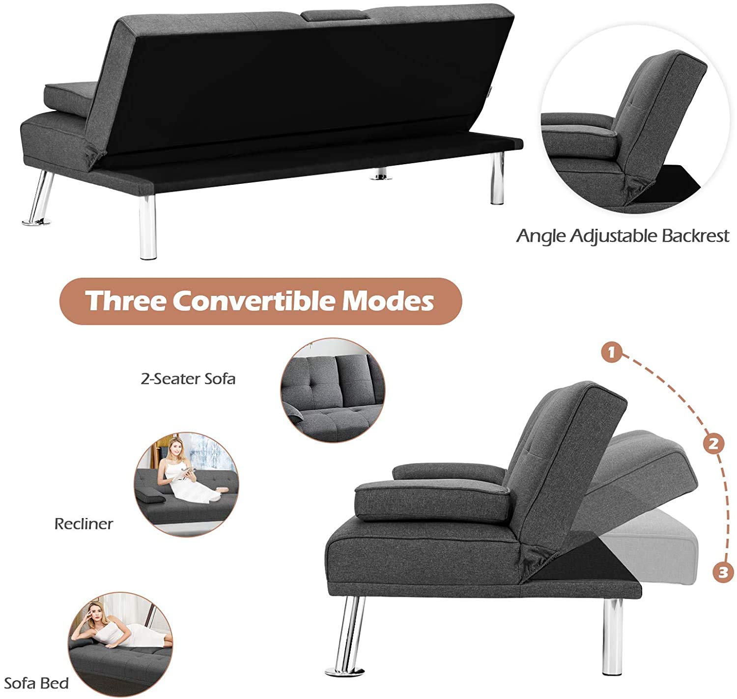 ARLIME Convertible Futon Sofa Bed - Adjustable Backrest, 2 Cup Holders & Removable Armrests - Modern Linen Upholstered Sleeper Sofa for Living Room, Bedroom & Home Office - Perfect for Small Spaces, Guest Rooms & Apartments