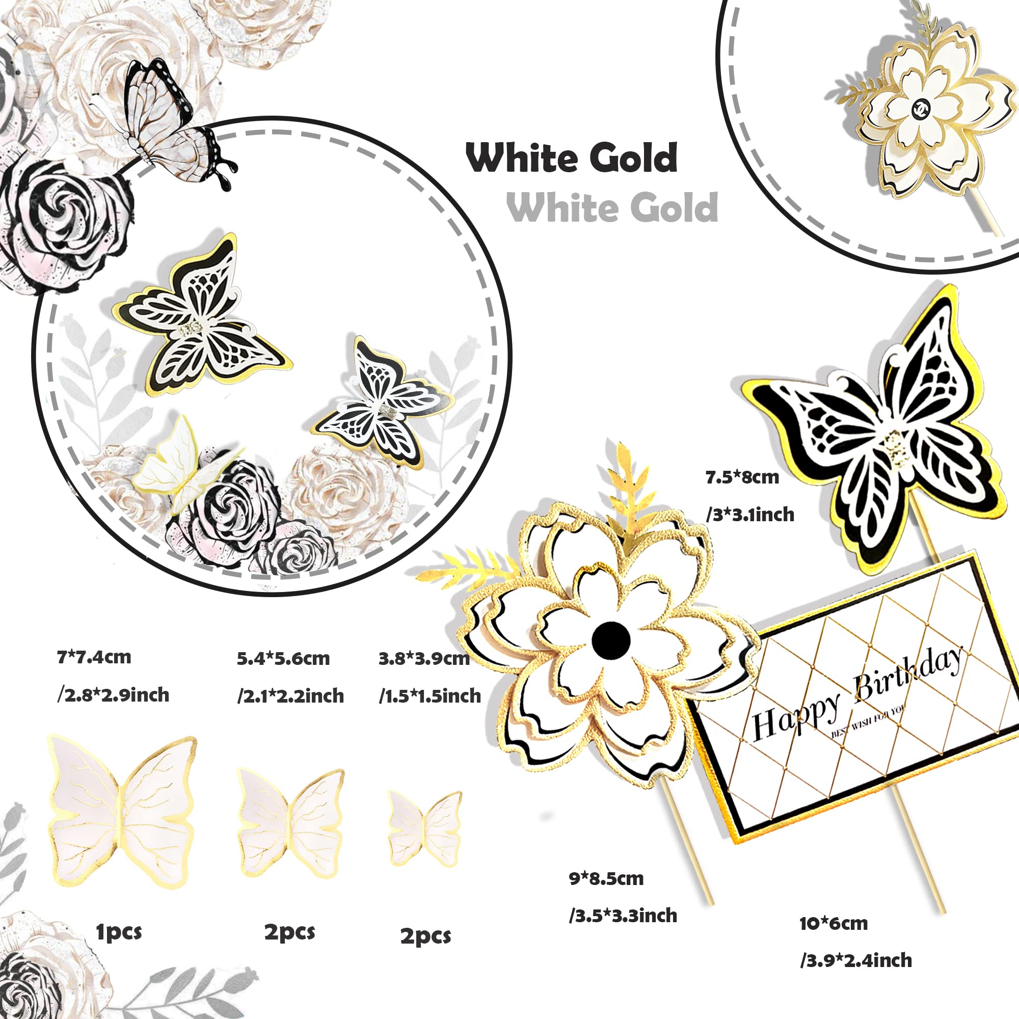 8-Piece White Gold Flower Butterfly Cake Toppers - Elegant Birthday Cake Decorations for Weddings, Baby Showers & Party Decor - Perfect for Butterflies Theme Celebration