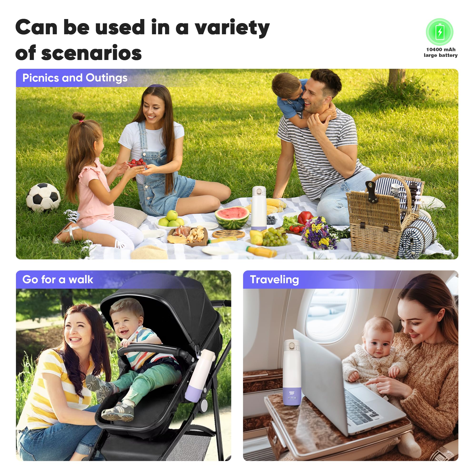 12oz Portable Bottle Warmer for Baby - 55W Fast Heating with Precise Temperature Control & Preset Modes - Large Capacity Milk Warmer for Breast Milk, Formula & Water (Purple) - Perfect for Travel, Home & On-the-Go Use
