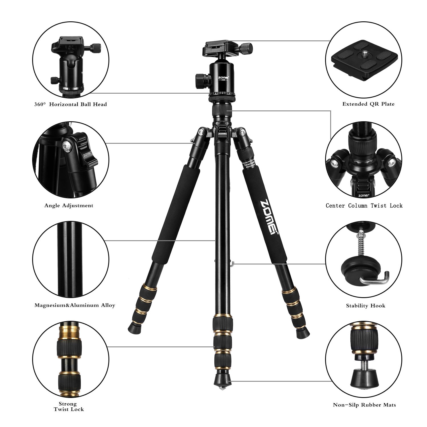 ZOMEI Z688 Lightweight Aluminum Alloy Travel Tripod & Monopod with Ball Head - Compact Camera Stand for Canon Nikon Sony DSLR - Perfect for Hiking, Vlogging & Outdoor Photography