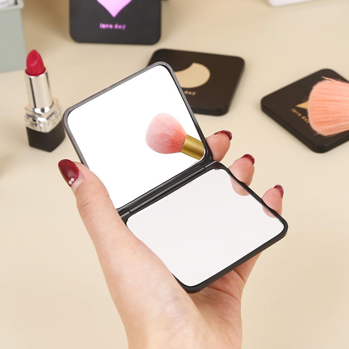 Leeonz Premium Travel Makeup Mirror - Portable 2-Sided Folding Cosmetic Mirror with Magnifier for Women | Handbag & Purse Compact Mirror | Heart Pattern Design | Perfect for Travel, Home & Office Use