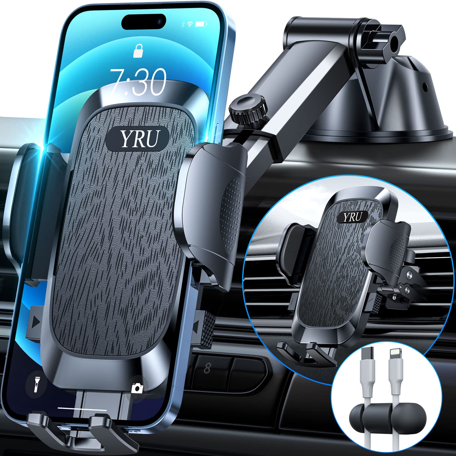 YRU Car Phone Mount - Strong Suction for iPhone Samsung - for Dashboard & Air Vent