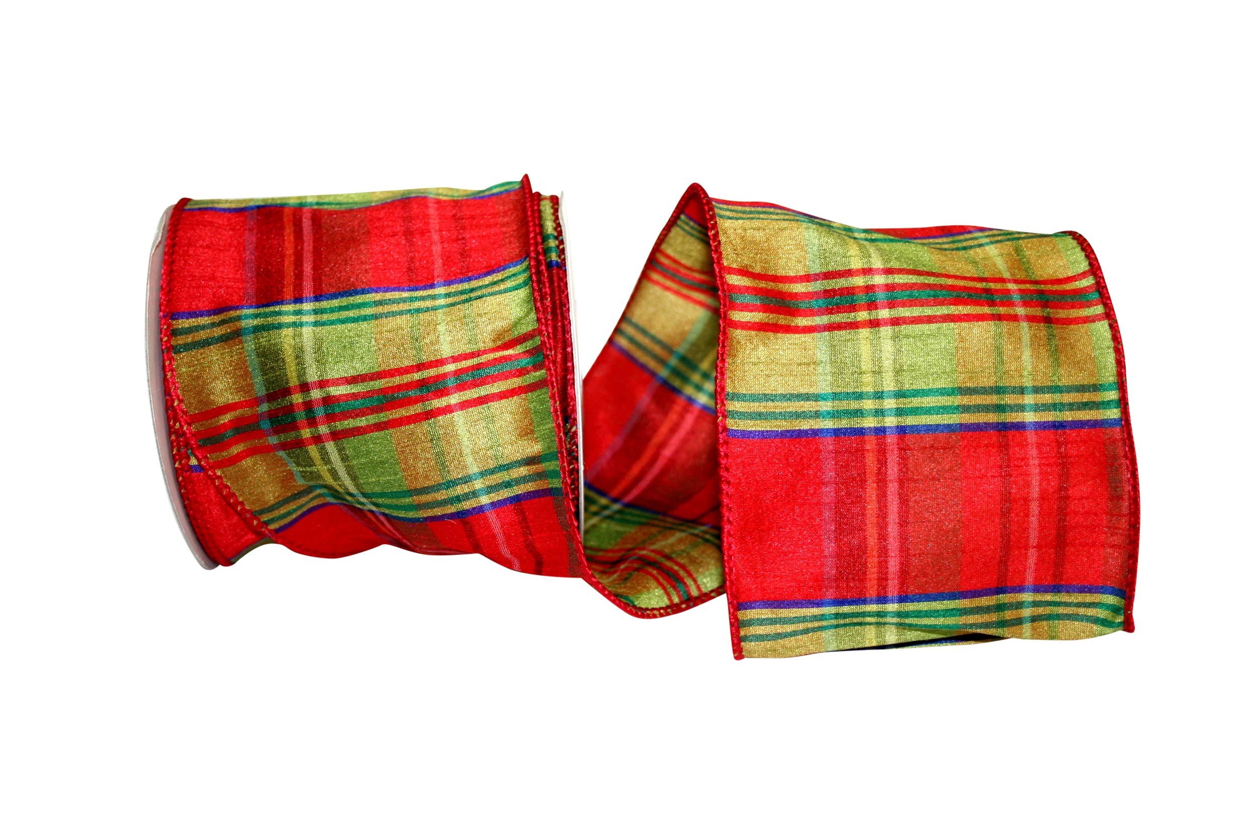 Reliant Ribbon Plaid Nutcracker Dupioni Wired Edge Ribbon - 4 Inch X 10 Yards, Lime/Red - Perfect for Christmas Gift Wrapping, Holiday Decorations & DIY Crafts
