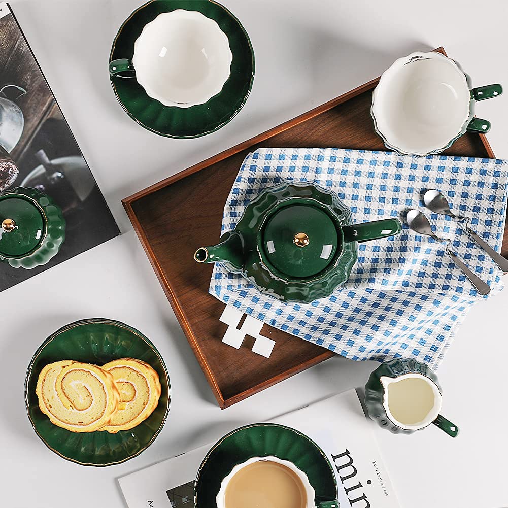 SWEEJAR British Royal Porcelain Tea Set - 8 OZ Cups, Saucers, Teapot, Sugar Bowl, Cream Pitcher with Teaspoons & Tea Strainer + 3-Tier Ceramic Cake Stand | Elegant Afternoon Tea, Wedding & Party Serving Set for Royal Tea Parties, Bridal Showers & Special Occasions