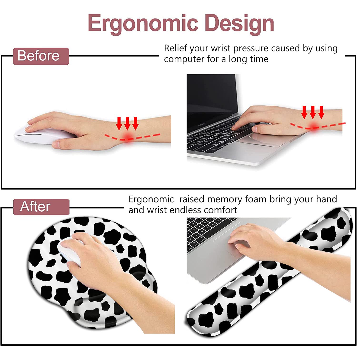 Ergonomic Wireless Mouse Pad with Wrist Support - Soft Memory Foam Gel Mouse Pad & Keyboard Wrist Rest for Office, Typing, Gaming - Black and White Cow Pattern Animal Design - Perfect for Computer Workstations, Home Office Desks, and Long Gaming Sessions