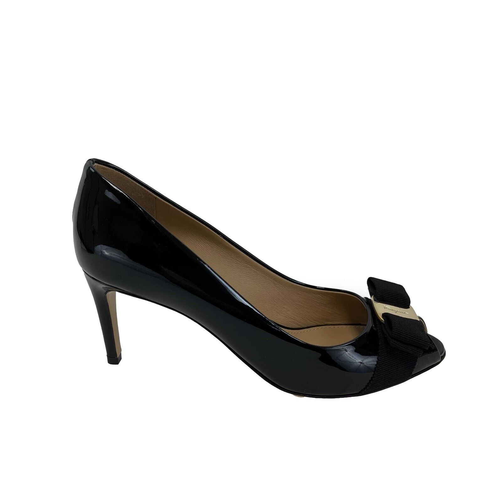 Salvatore Ferragamo Pola Vera Bow Patent Black Leather Peep Toe Pumps - Women's Size 7 US | Elegant High Heels for Evening Parties, Weddings & Formal Events
