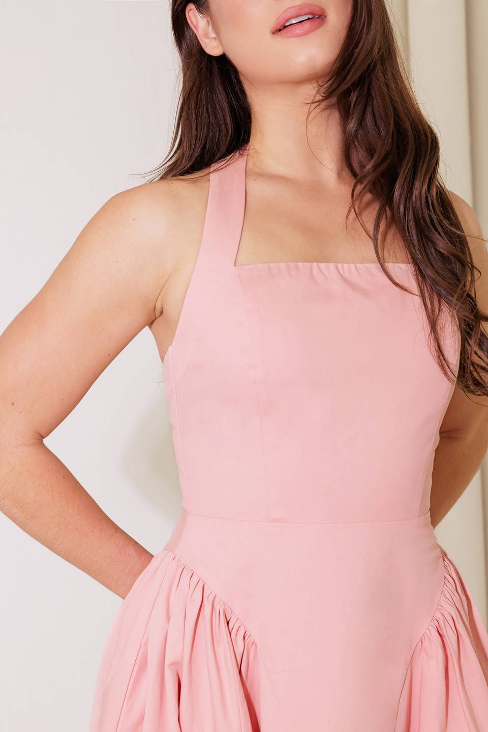 Soft Pink Halter Midi Dress for Women - Elegant Rainy Day Outfit for Summer Beach Parties & Casual Dates