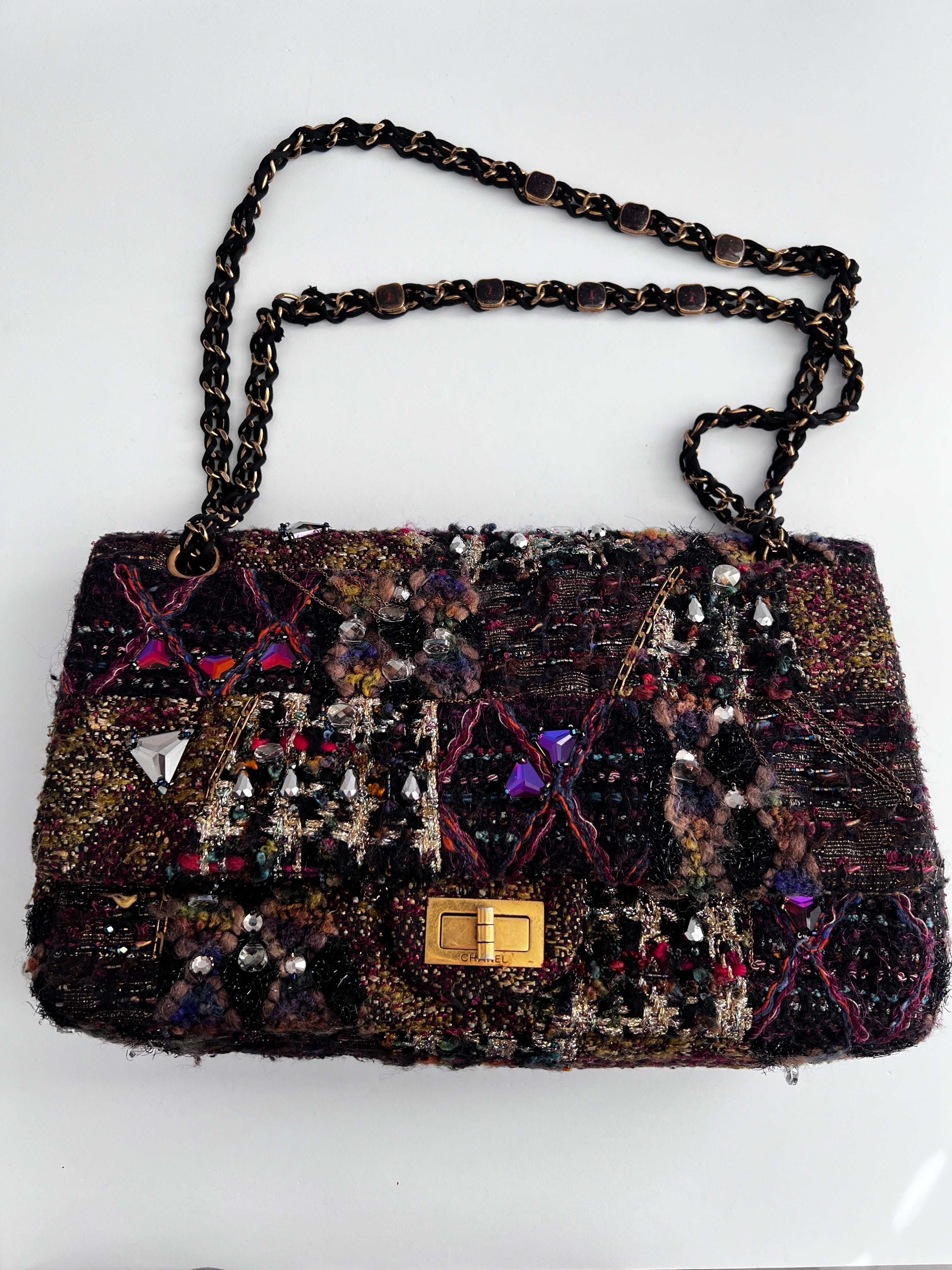 Chanel Tweed Crystal Embellished Paris Byzance Reissue 2.55 Flap Bag Jumbo Size - Luxury Designer Handbag for Women, Perfect for Parties, Weddings & Special Occasions
