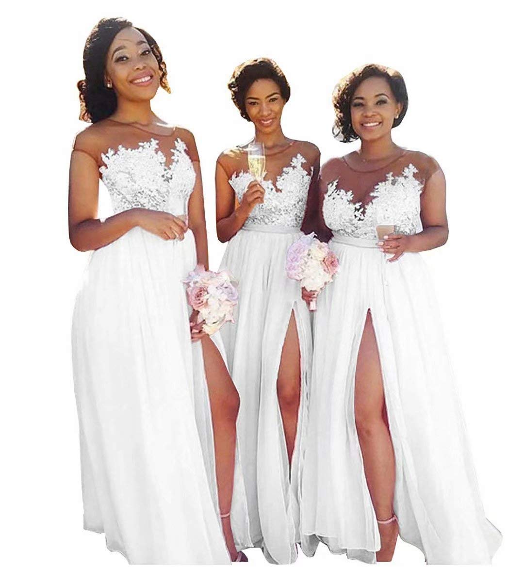 Elegant A-Line Chiffon Bridesmaid Dress with Sheer Neck & Lace Split - Perfect for Prom, Wedding, and Formal Events