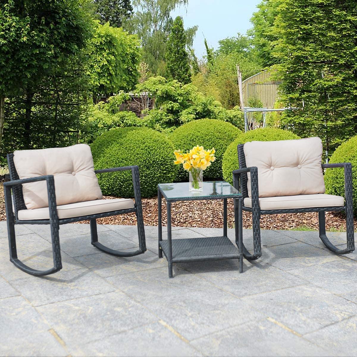 HappyGrill 3-Piece Rocking Bistro Set - Outdoor Patio Rocking Chairs with Coffee Table, Rattan Wicker Furniture Conversation Set for Garden, Lawn, Backyard, Balcony - Perfect for Relaxing, Entertaining & Enjoying Morning Coffee Outdoors