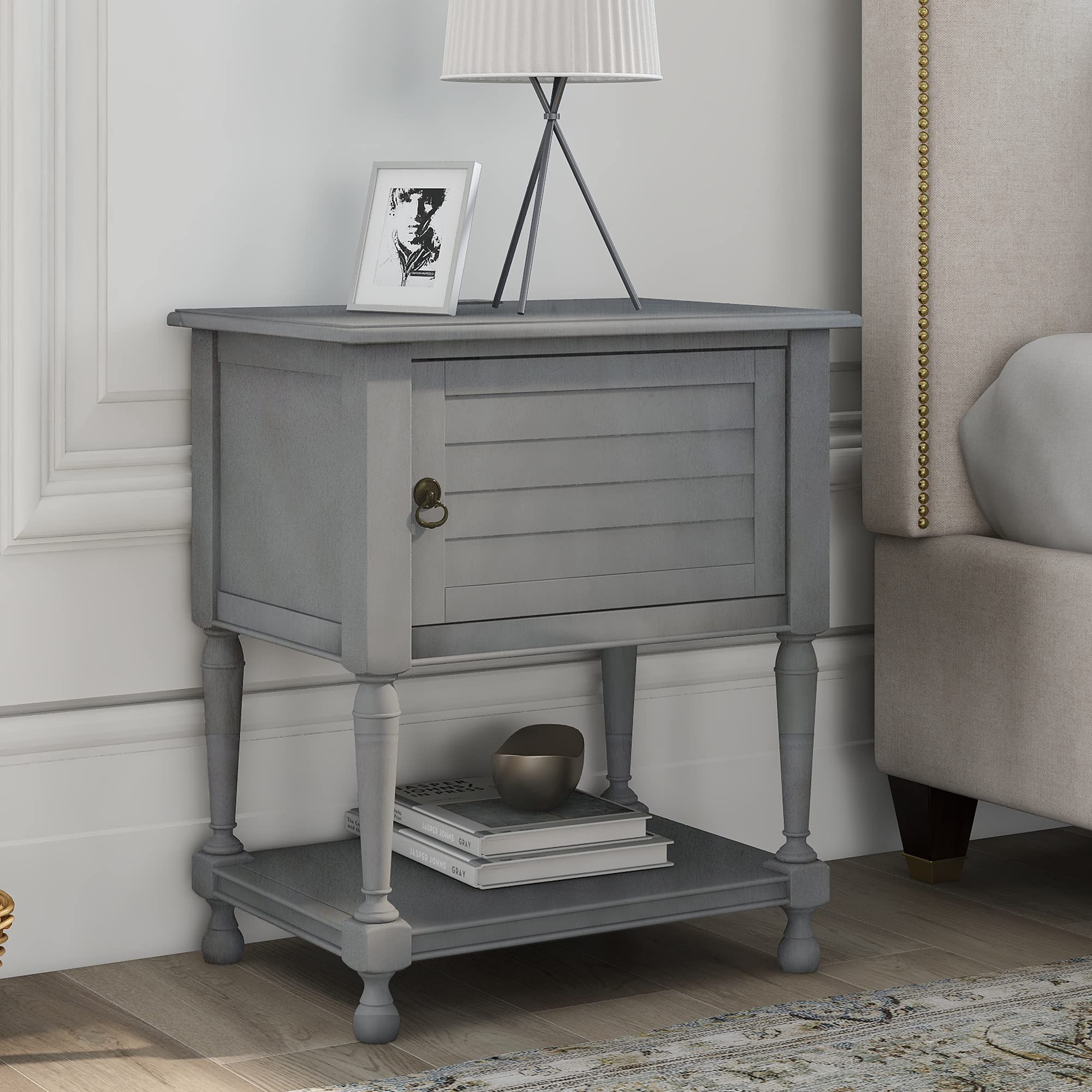 Multi-Functional Nightstand with 2 Built-In Shelves, Cabinet & Open Storage | USB Charging Port | Modern Bedside Table for Bedroom (Grey) - Perfect for Small Spaces, Apartment Living & Home Organization
