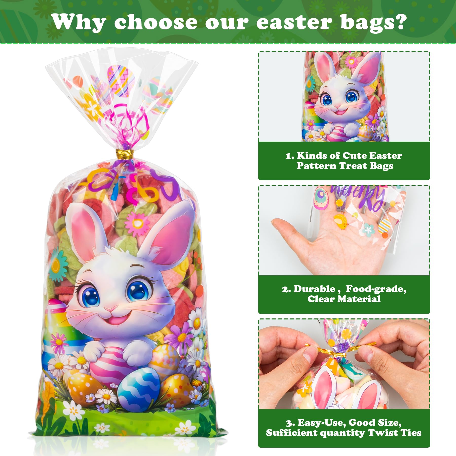 100 PCS Easter Treat Bags with 120 Twist Ties - 5 Styles Colorful Cellophane Candy Bags for Kids Party Favors, Easter Egg Hunt Supplies & Holiday Gift Wrapping - Durable Goodie Bags for Classroom Treats, Birthday Parties & Festive Celebrations