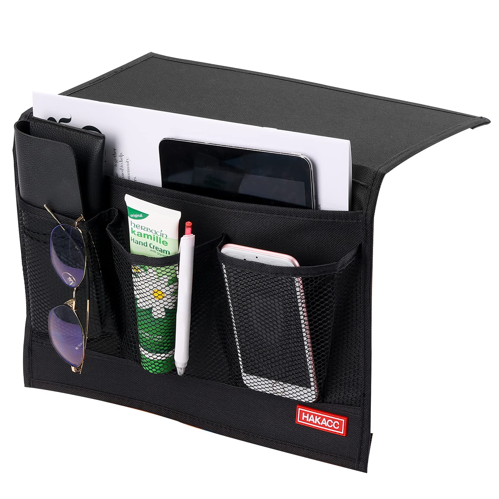 HAKACC Bedside Caddy & Storage Organizer - Remote Control Holder, Armchair Organizer with Pockets for Tablet, Magazine, Phone (Black) | Perfect for Living Room, Bedroom & Office Organization