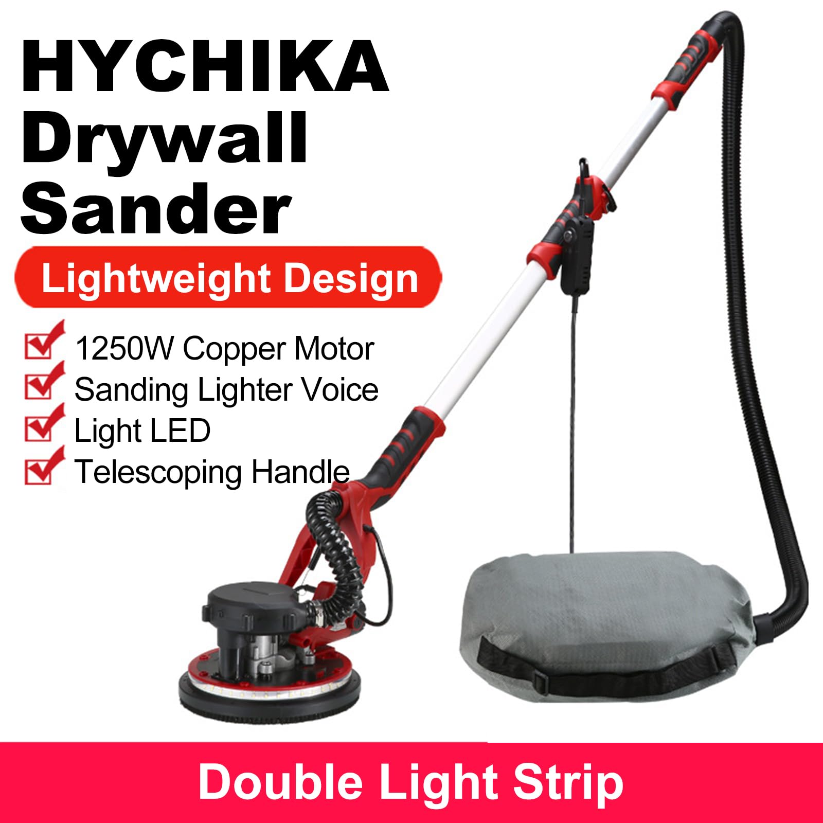 HYCHIKA 1250W Electric Drywall Sander with Vacuum System, Dual LED Lights & Extendable Handle - Includes 6 Sanding Discs & Dust Collection Bag - Perfect for Home Renovation, Wall Smoothing & Professional Drywall Finishing