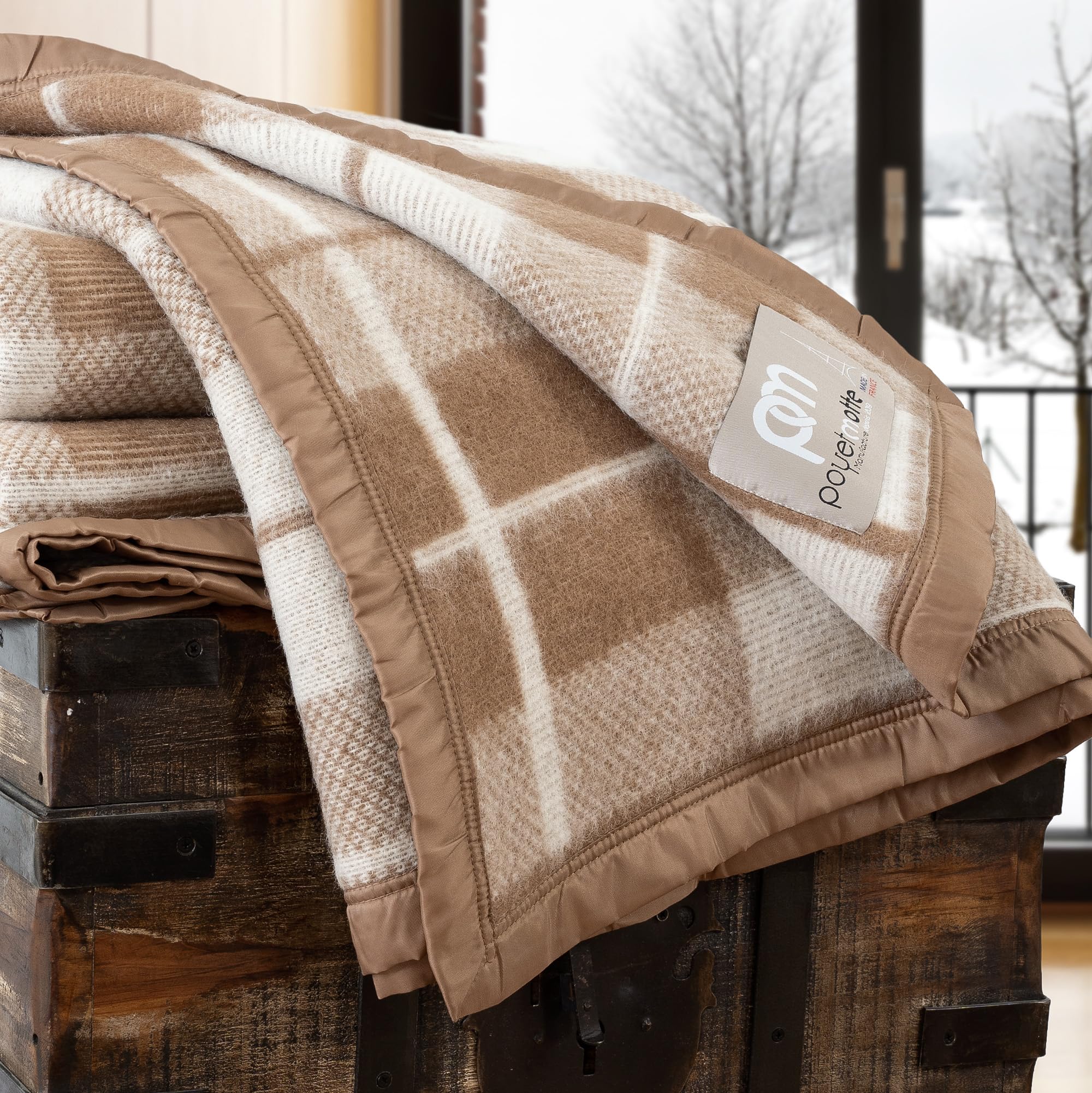 Premium 100% Virgin Wool Blanket - 400GSM Medium/Heavy Weight - Machine Washable Camel/Natural Plaid - Full/Queen Size - Cozy & Warm for Bedroom, Sofa, Camping & Travel - Luxury Home & Outdoor Blanket