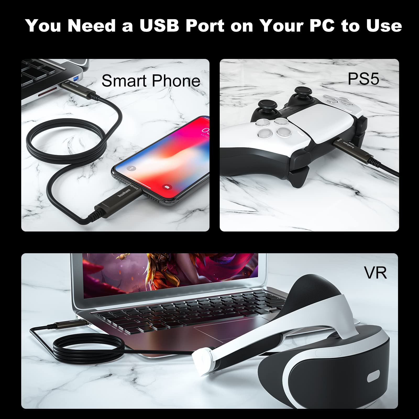 50FT USB C to USB C Fiber Optic Cable - 10Gbps USB 3.1 Gen2 High-Speed Long Distance Type C Cable - Compatible with Logitech Webcam, Microsoft Azure, VR/AR Headsets, Touch Screens & Laptops - Perfect for Conference Rooms, Gaming Setups & Office Workstations