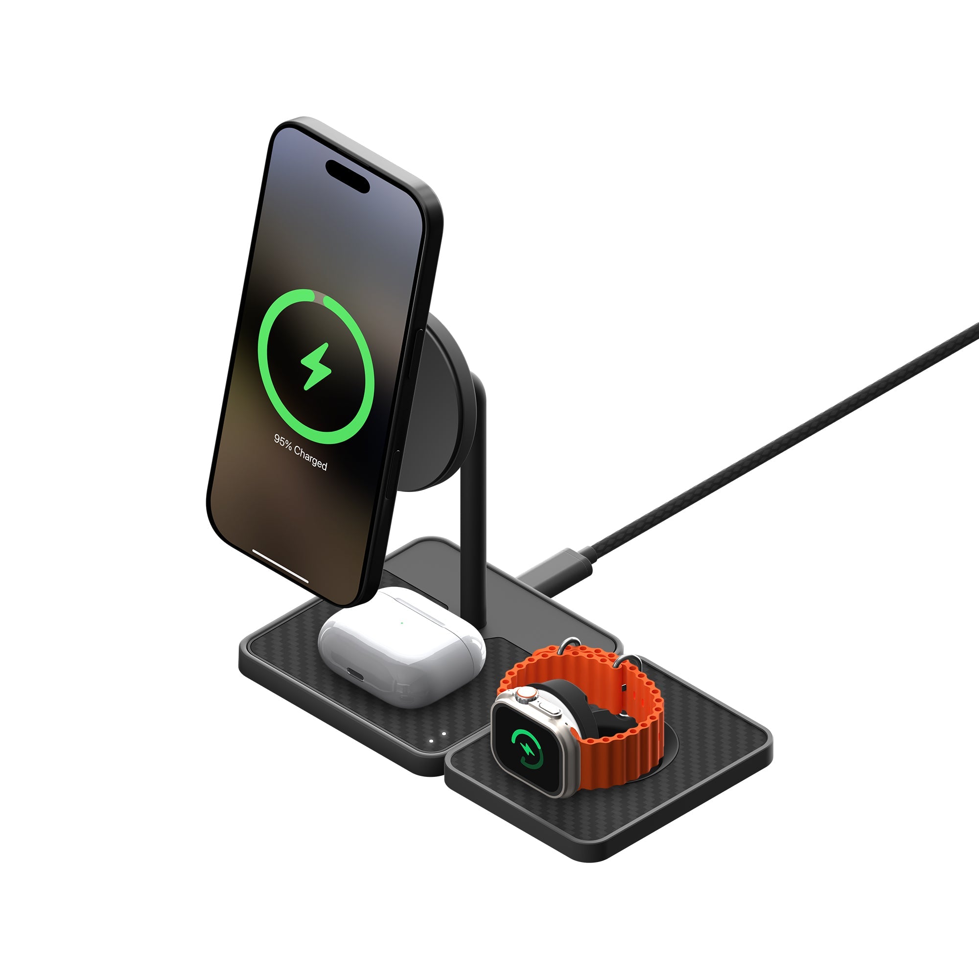 3-in-1 Wireless Charging Stand with Qi2 & MagSafe - Fast Charging for iPhone 15/14/13, AirPods & Apple Watch - Premium Aramid Fiber Design - Perfect for Home, Office & Travel