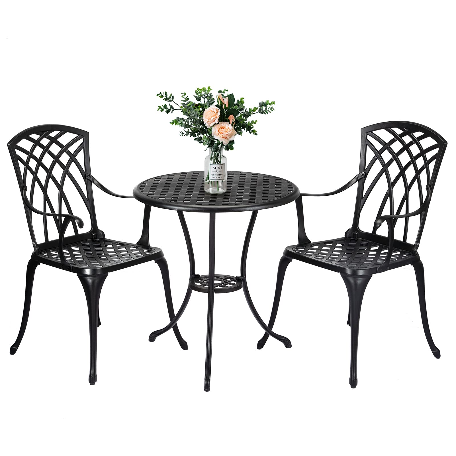 3 Piece Patio Bistro Set - Durable Cast Aluminum Outdoor Dining Set with Umbrella Hole & Adjustable Feet - Black Table and 2 Chairs for Balcony, Backyard, Garden - Perfect for Small Space Entertaining & Relaxing Outdoors