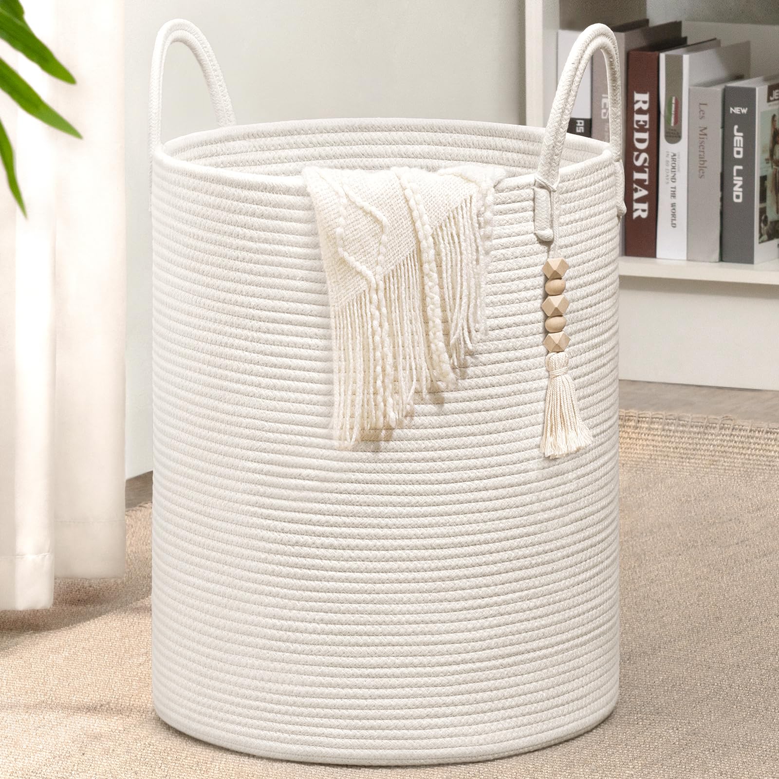 Goodpick White Laundry Basket with Handles - Large Woven Clothes Hamper for Laundry, Towels, Blankets, Toys | Organizer for Bedroom, Living Room, Nursery | 16 x 20 Inch Storage Basket for Home & Playroom Organization