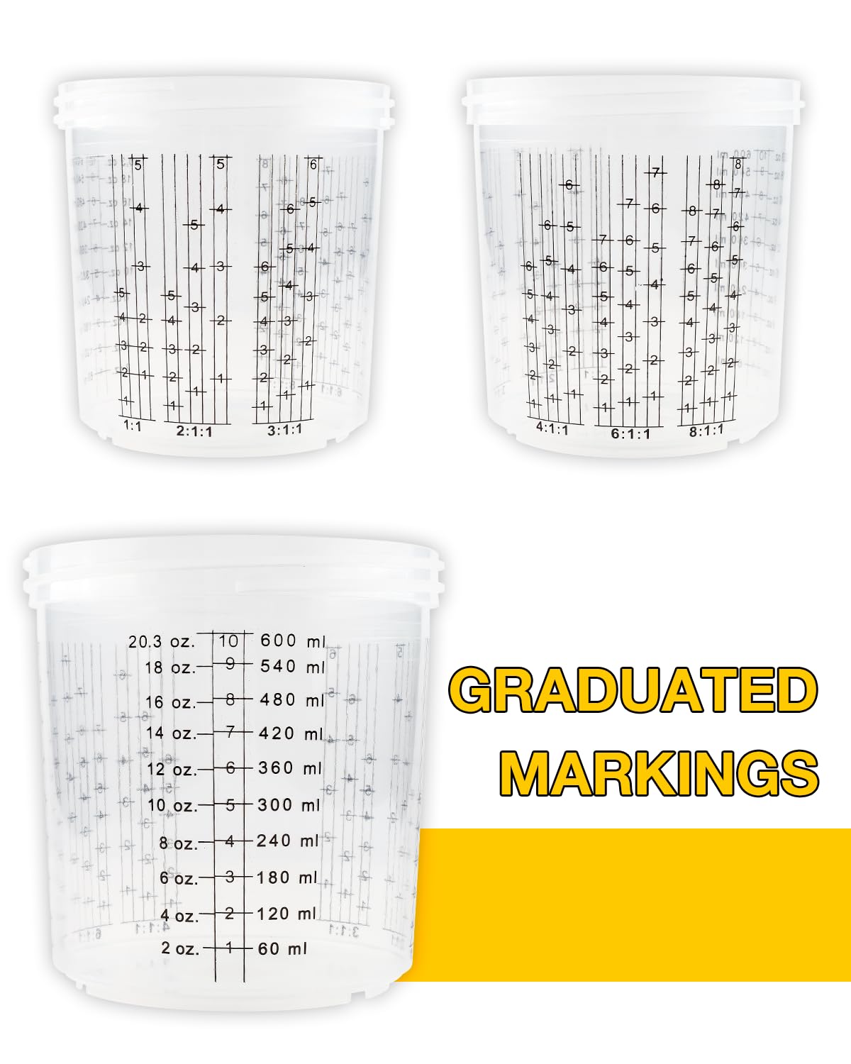 YUZES 20oz (600ml) Disposable Paint Mixing Cups System - 50 Pack Paint Cups with Lids, 2 Hard Cups with Retainer Ring, 10 Plugs, 4 Spray Gun Cup Adapters & Paint Stirrer - Automotive Paint Gun Accessories for Professional & DIY Painting Projects