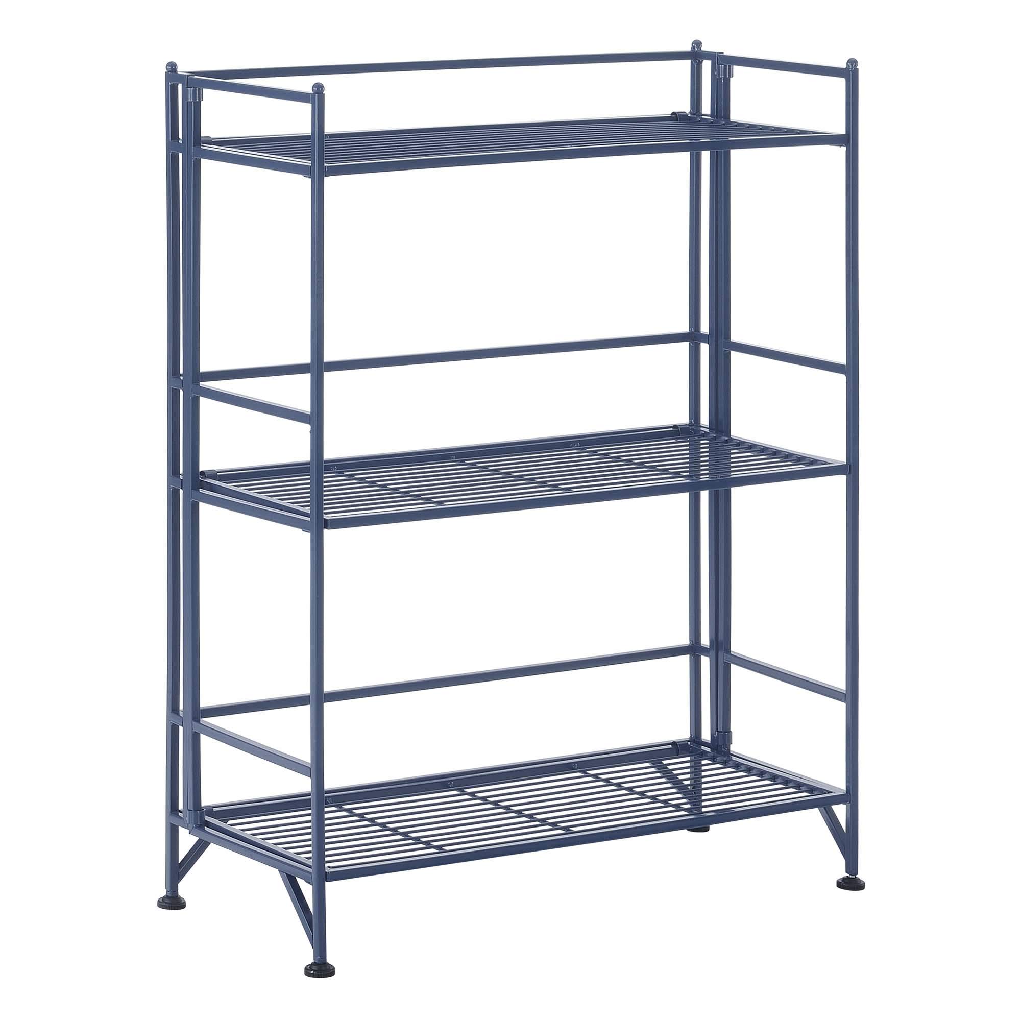 3-Tier Wide Folding Metal Storage Shelves - Space Saving Closet Organizer for Office, Laundry, Bedroom, Garage | Heavy Duty Cobalt Blue Shelving Unit | Perfect for Small Spaces & Home Organization