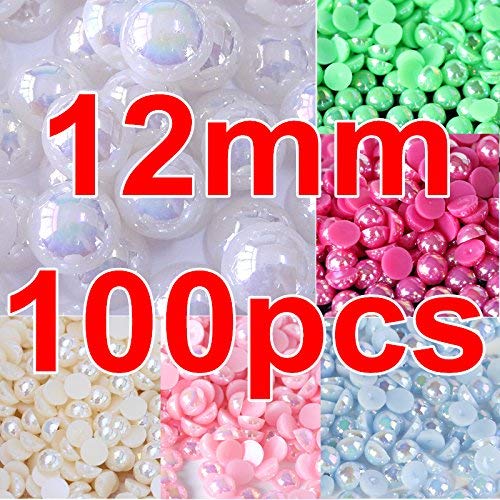 STORE99® 100pcs 12mm Light Sapphire AB Color Flatback Pearl Beads - Multicolor ABS Resin Half Round Pearls for DIY Phone Case Decorations, Jewelry Making & Craft Projects