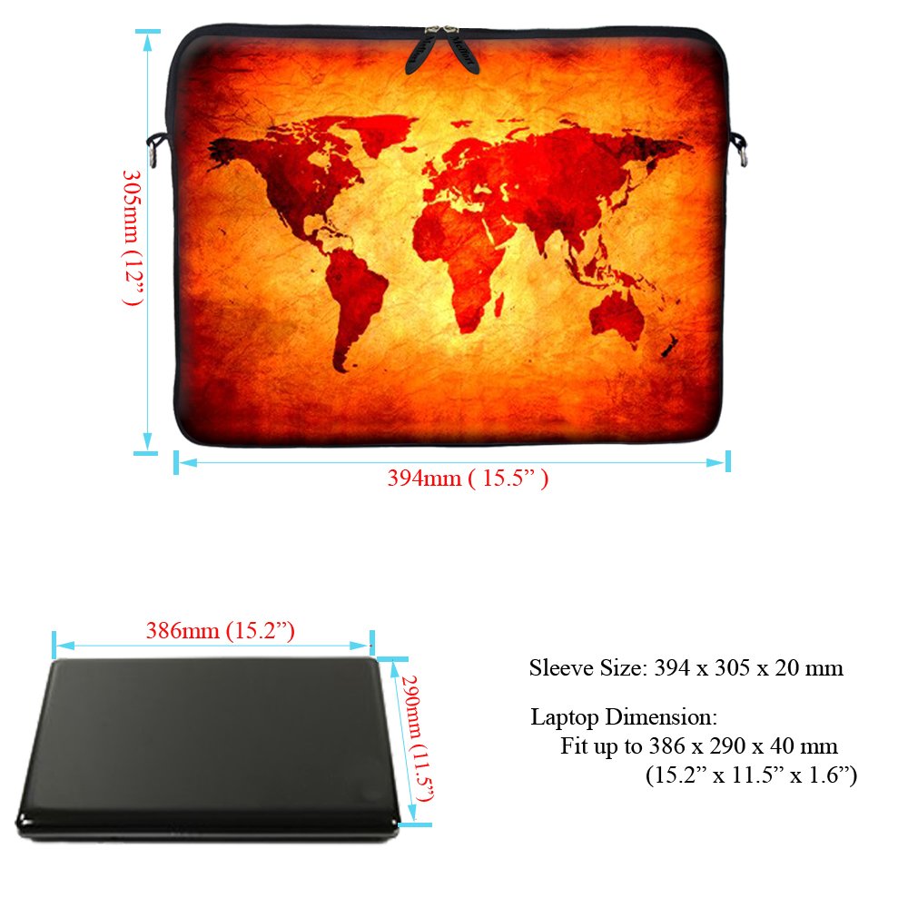 Meffort 15-15.6 Inch Neoprene Laptop Sleeve with Hidden Handle & Adjustable Shoulder Strap - World Map Design | Protective Case for MacBook, Dell, HP | Perfect for Travel, School & Office Use