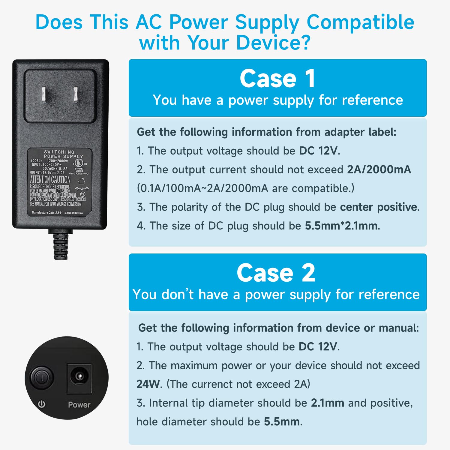24W Universal Power Adapter 100-240V AC to 12V DC 2A Converter with 4-Port Splitter Cable - Compatible with CCTV Cameras, DVR/NVR Systems, LED Strip Lights - UL FCC CE Certified for Home & Office Security Setup