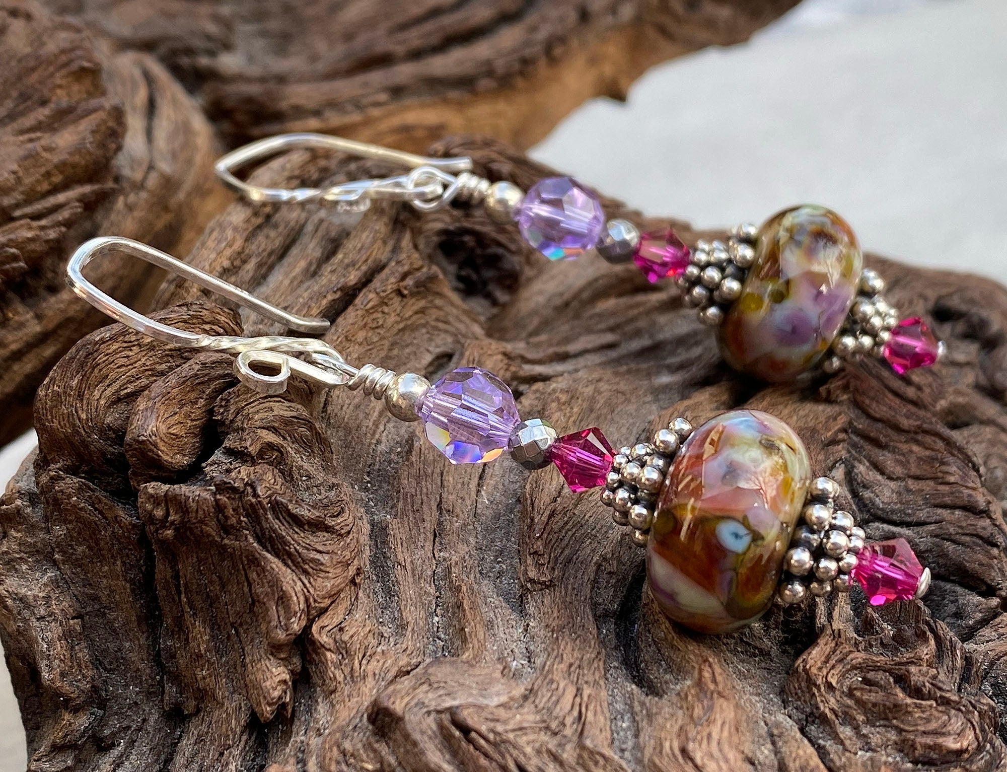 Handmade Violet Pink Mosaic Lampwork Glass Earrings for Women - Bohemian Style Jewelry Gift for Parties, Weddings & Special Occasions