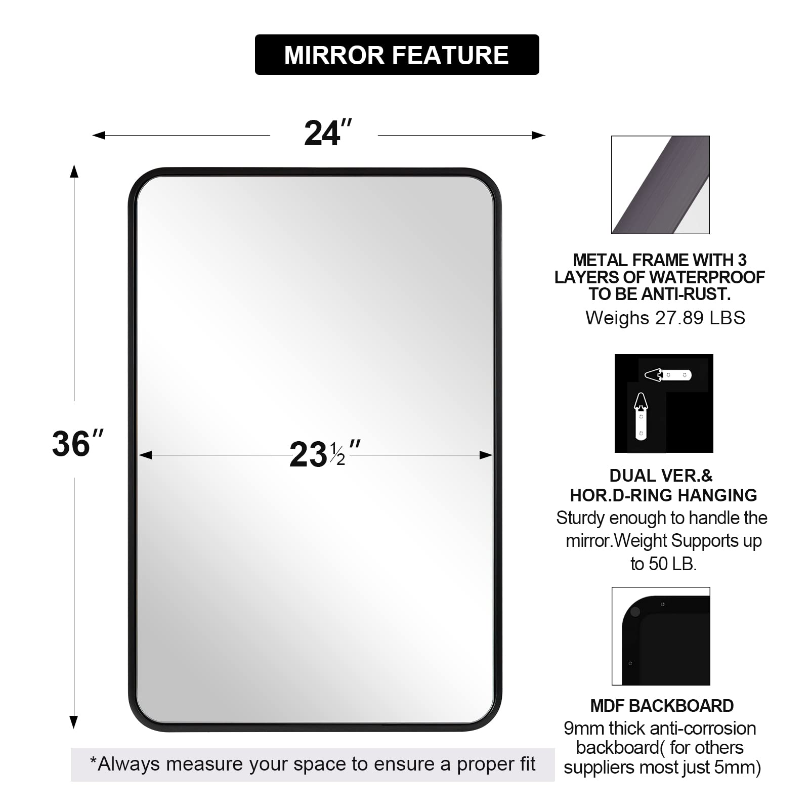 ANDY STAR 24x36 Inch Matte Black Bathroom Mirror - Modern Rounded Rectangle Vanity Mirror with Metal Frame, Excellent Reflection, Vertical or Horizontal Hanging - Perfect for Bathroom, Bedroom, Dressing Room & Home Decor