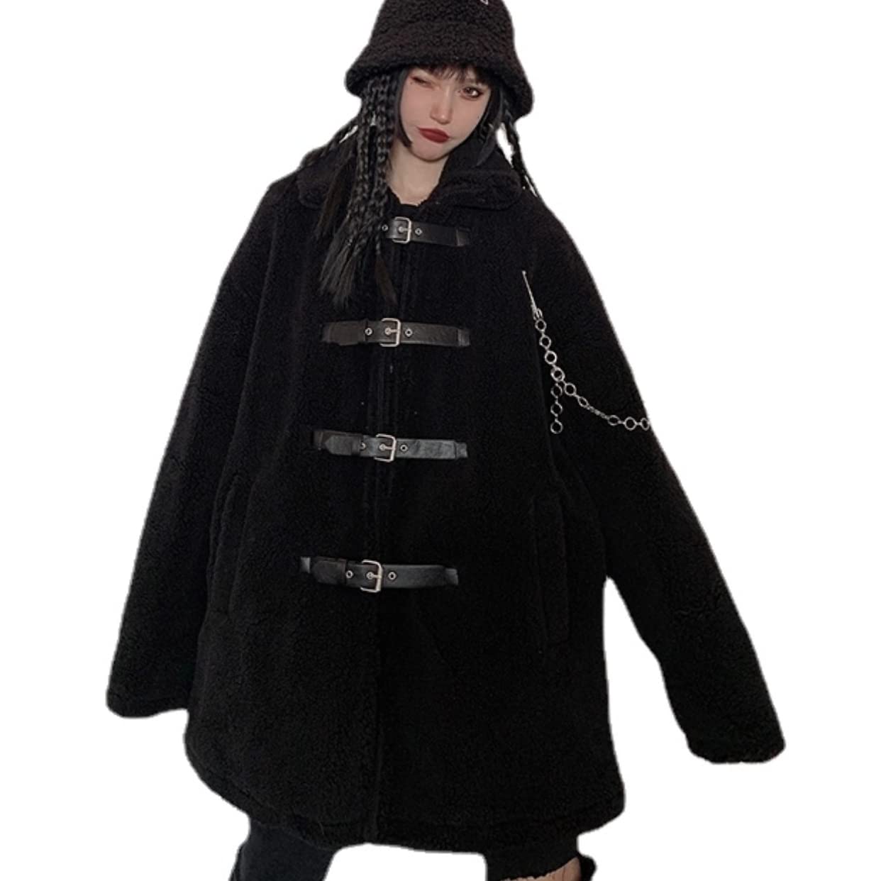 Gothic Black Sherpa Jacket for Women - Warm Winter Coat with Faux Fur Lining | Trendy Goth Outerwear for Casual Wear, Night Out, and Halloween Costume