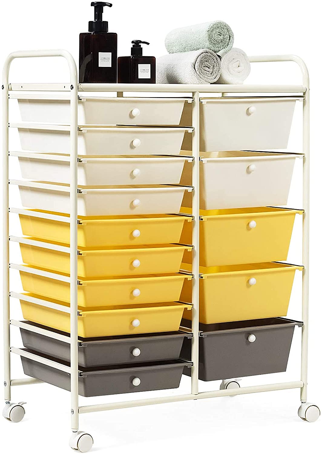 Giantex 15-Drawer Rolling Storage Cart - Plastic Organizer for Tools, Scrapbook Paper & Craft Supplies - Multi-Purpose Utility Cart with Wheels (Yellow) - Perfect for Home Office, Craft Room & Garage Organization