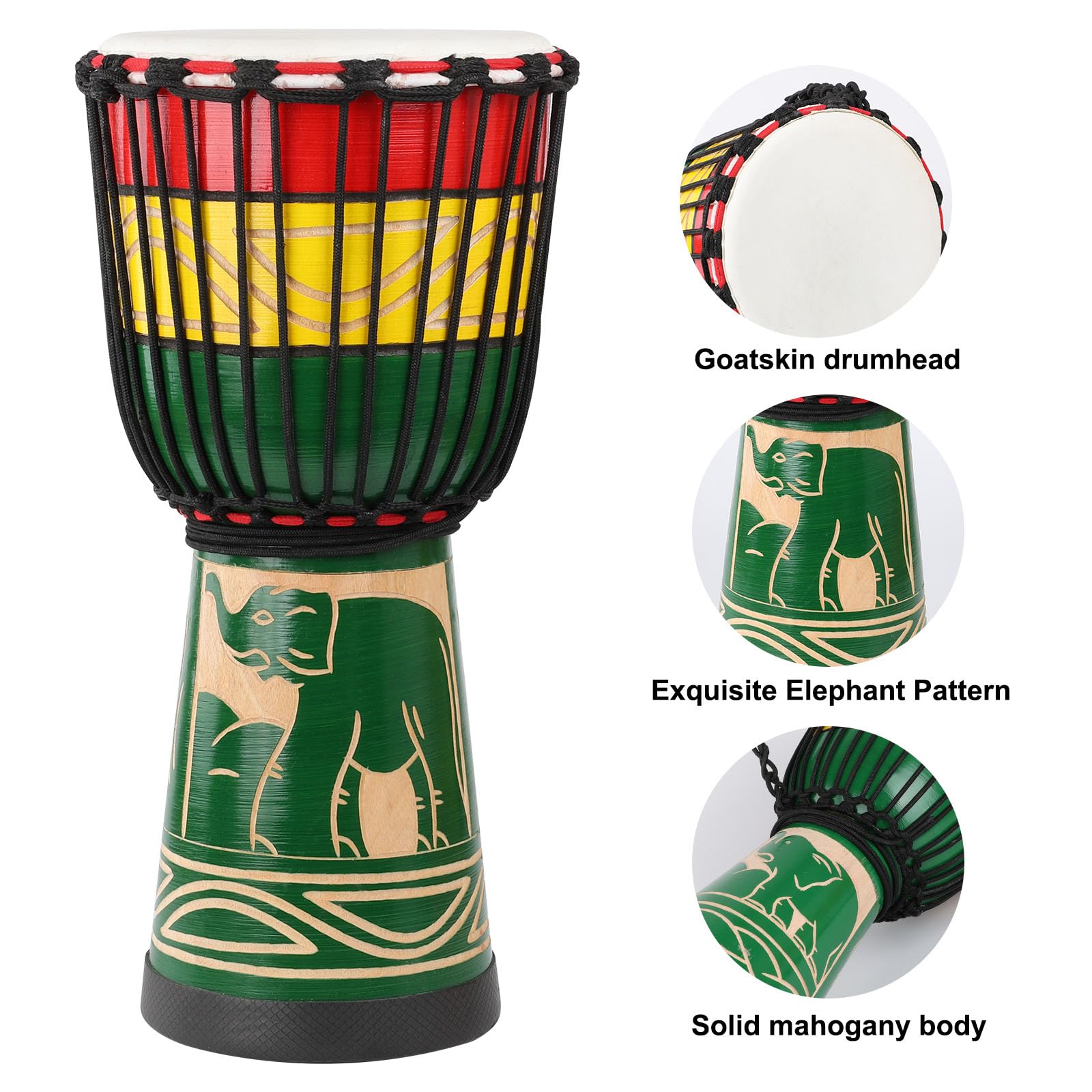 LIEKE 10'' x 20'' African Djembe Drum - Hand Carved Mahogany Wood with Goatskin Head - Professional Quality Percussion Instrument for Adults & Beginners (Green) | Perfect for Music Therapy, Drum Circles, Classroom Learning & Cultural Performances