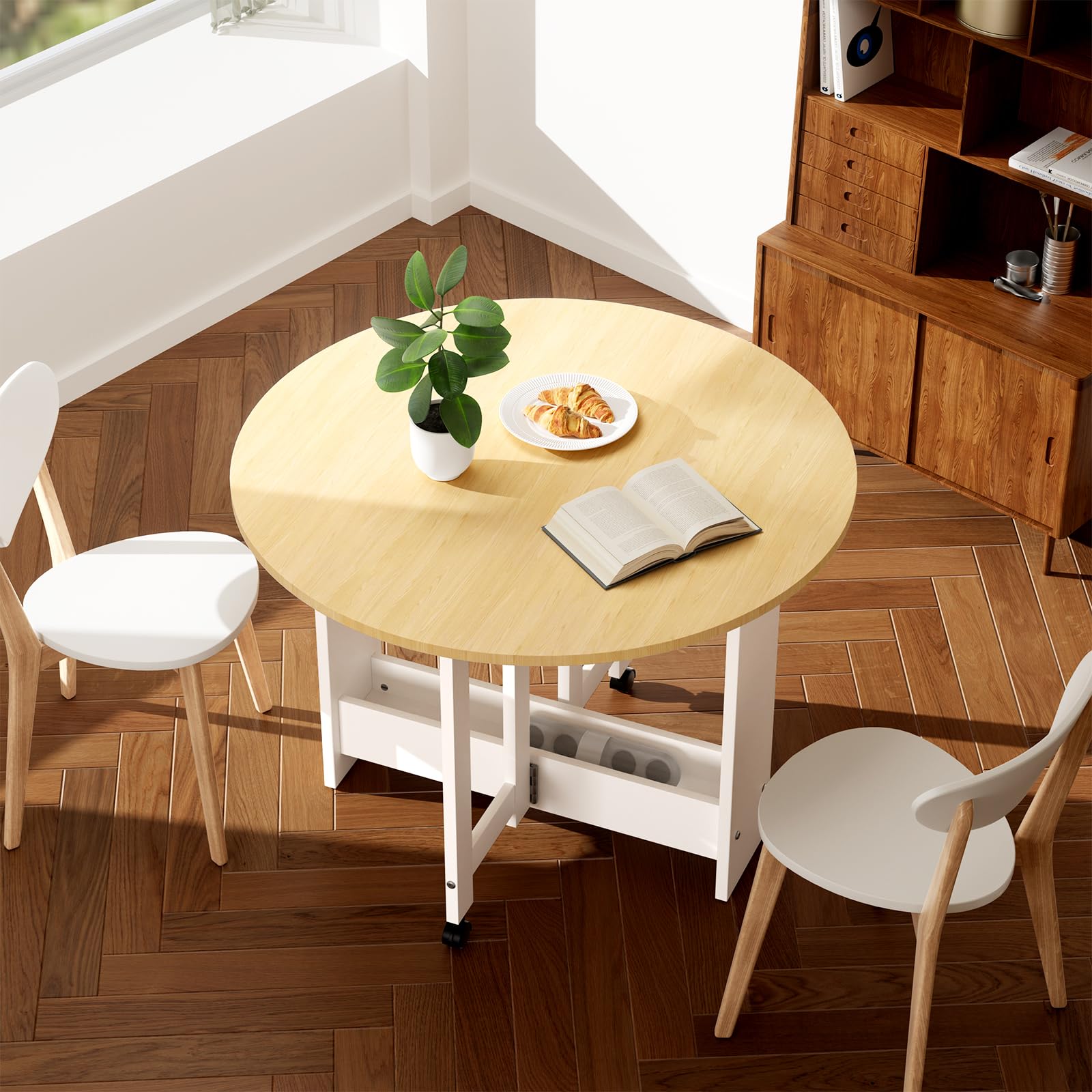 Round Drop-Leaf Folding Dining Table - Space Saving Extendable Kitchen Table with Storage & Wheels | Multifunctional Convertible Farmhouse Table for Small Spaces | Perfect for Apartments, Dorms, Living Rooms & Compact Dining Areas
