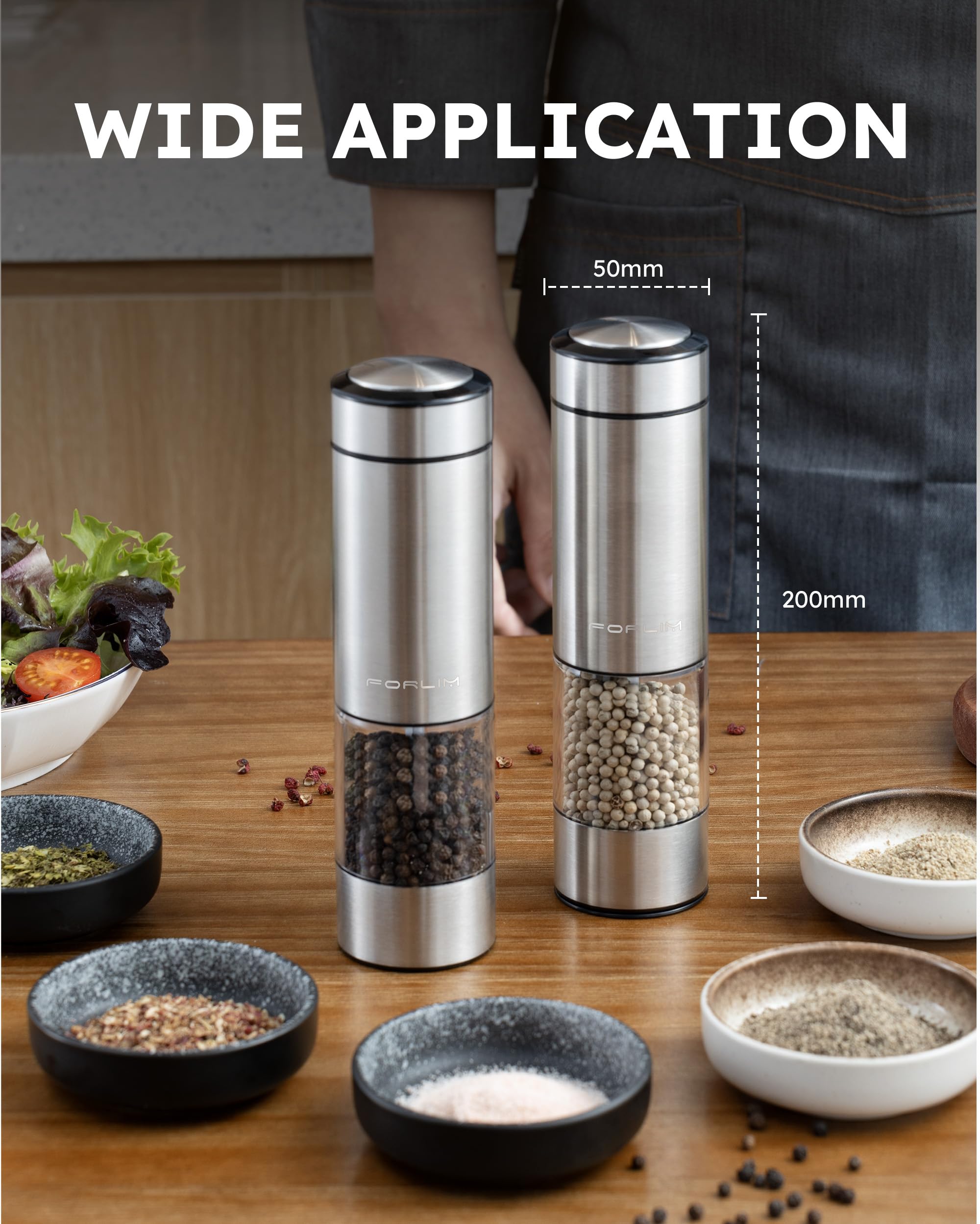FORLIM Electric Salt and Pepper Grinder Set - Rechargeable Battery Powered, One-Hand Operation with LED Light, Adjustable Coarseness, Stainless Steel & Washable Design - Perfect for Kitchen, Dining Table, Camping, and Gifts
