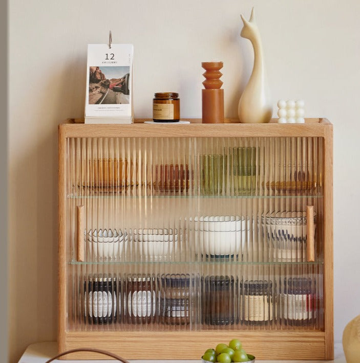 Solid Wood Desktop Locker Storage Cabinet with Glass Sliding Door - Oak, Cherry, Poplar - Perfect for Home Office, Bedroom, and Dorm Organization