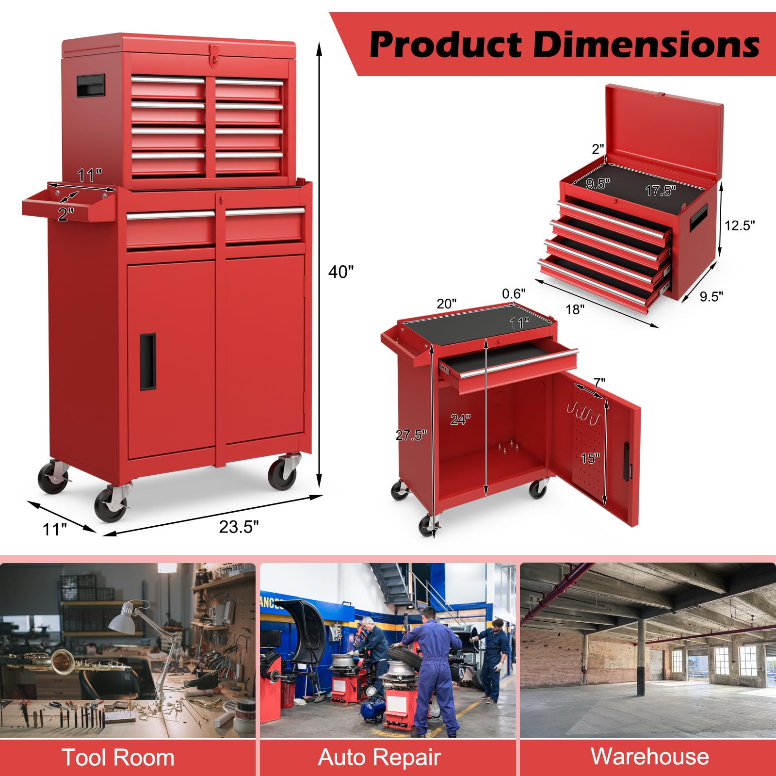 Happytools 5-Drawer Rolling Tool Chest - 2 in 1 Detachable Lockable Metal Tool Storage Cabinet with 4 Universal Wheels & Hooks | Heavy Duty Tool Box Organizer for Workshop, Garage, Repair Shop & Home Use | Perfect for DIY Projects, Auto Repair & Tool Organization (Red)