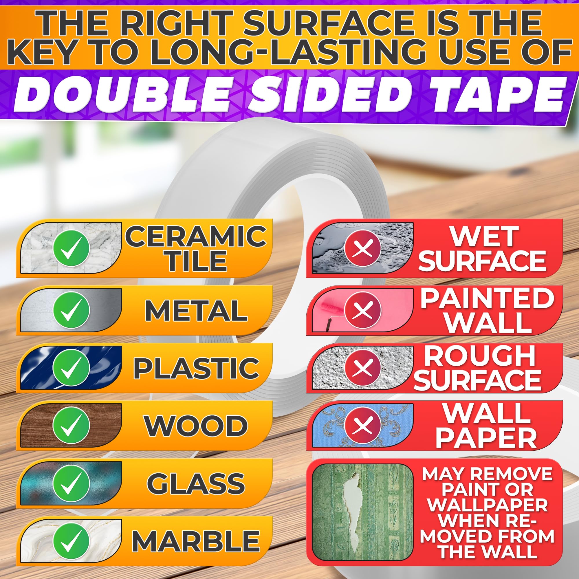 Strong Double Sided Tape - Heavy Duty Nano Adhesive Mounting Tape for Walls, Carpets & Home Decor | Reusable & Damage-Free Hanging Solution for Pictures, Mirrors, Hooks & DIY Projects
