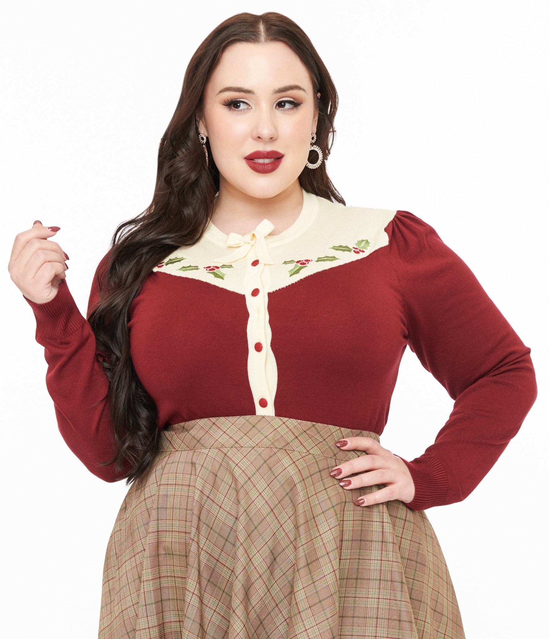 Vintage 1960s Plus Size Burgundy & Ivory Mistletoe Cardigan for Women - Christmas Holiday Party Wear & Cozy Winter Outfits