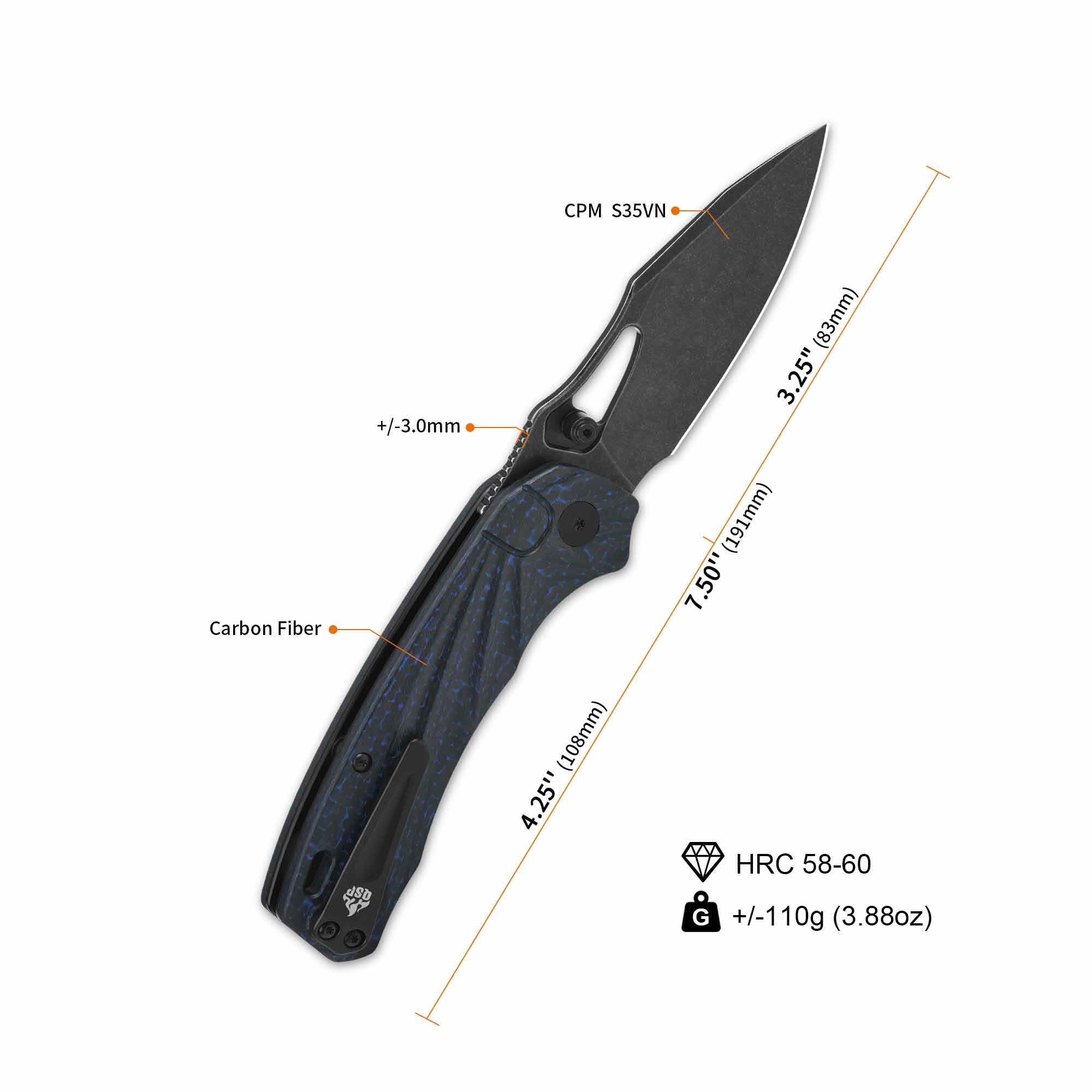 QSP Hornbill Pocket Knife - S35VN Steel Blade, Blue Carbon Fiber Handle - EDC, Camping, Hiking & Outdoor Survival Tool