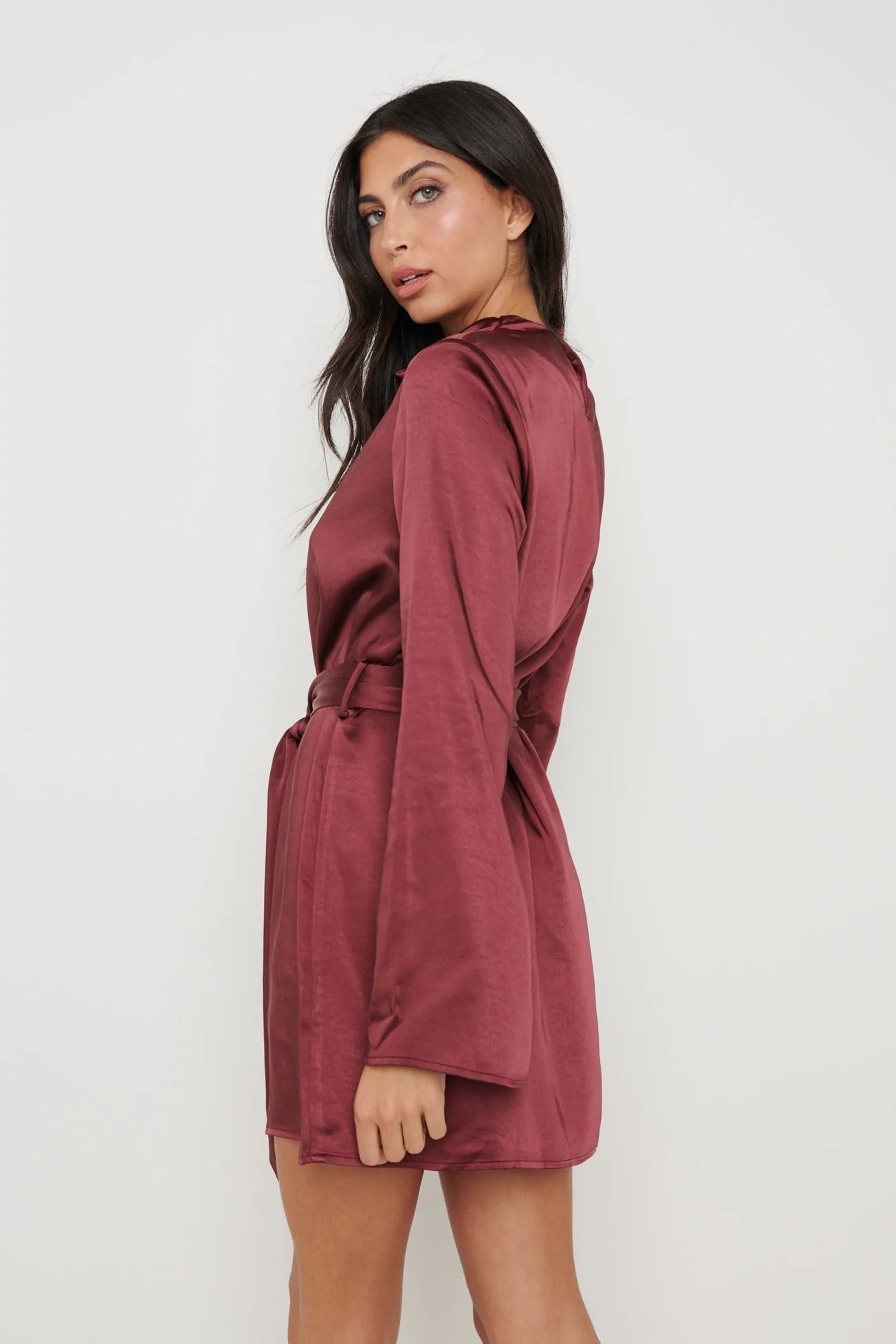 Jayda Cowl Neck Dress in Wine Red - Elegant Long Sleeve Wrap Dress for Women | Perfect for Office Wear, Date Night & Special Occasions